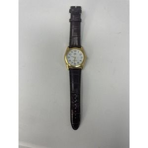 Q&Q Quartz Water Resist Brown Leather Gold Face Metal Bezel Wristwatch Men's